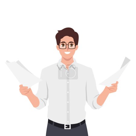 Happy businessman holding document paper and celebrating his success. Flat vector illustration isolated on white background