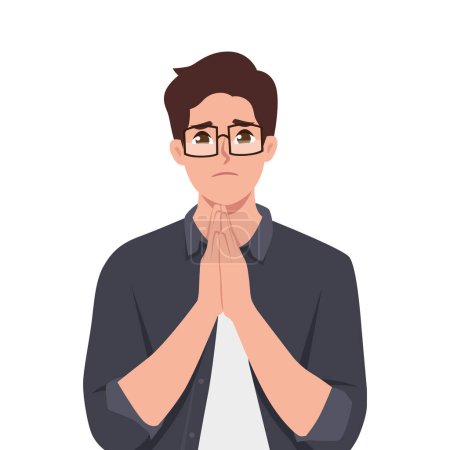 Young man feeling sorry folded hands as if he is praying. Flat vector illustration isolated on white background