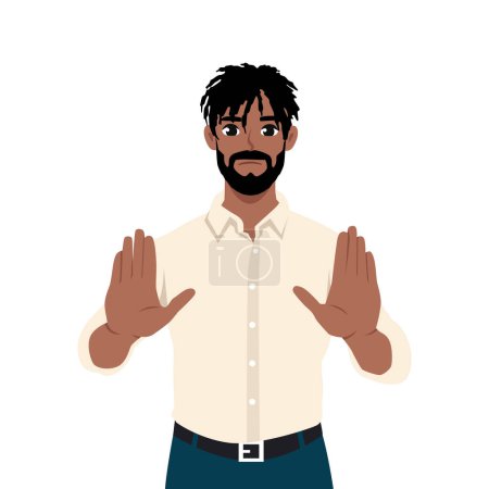 Jeune homme noir ne montre aucun geste de la main. Homme sérieux démontrer stop signe. Illustration vectorielle plate isolée sur fond blanc