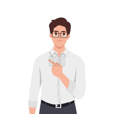 Young man entrepreneur pointing left with index finger. Flat vector illustration isolated on white background
