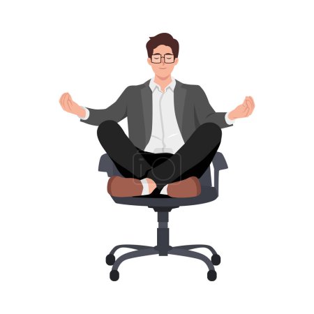 Business man doing yoga at workplace in office. Worker sitting in padmasana lotus pose on chair. Flat vector illustration isolated on white background