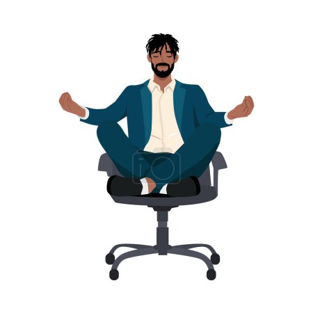 Black business man doing yoga at workplace in office. Worker sitting in padmasana lotus pose on chair. Flat vector illustration isolated on white background