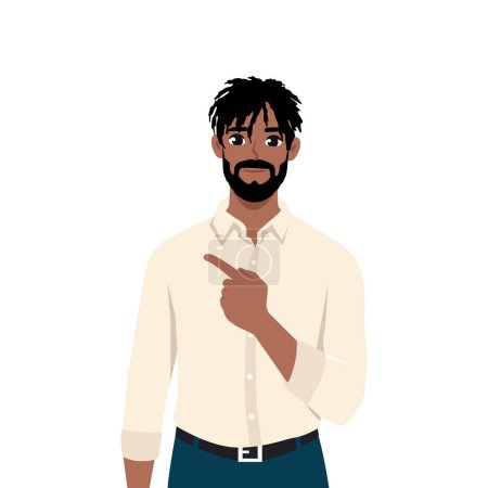 Young black man entrepreneur pointing left with index finger. Flat vector illustration isolated on white background
