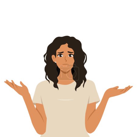 Young confused woman shrugging shoulders in bewilderment, doubting and feeling uncertain. Flat vector illustration isolated on white background