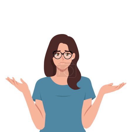 Young confused beautiful woman shrugging shoulders in bewilderment, doubting and feeling uncertain. Flat vector illustration isolated on white background