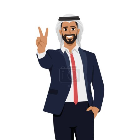 Glücklicher junger arabischer Geschäftsmann bei einer Friedensgeste. Flache Vektordarstellung isoliert auf weißem Hintergrund