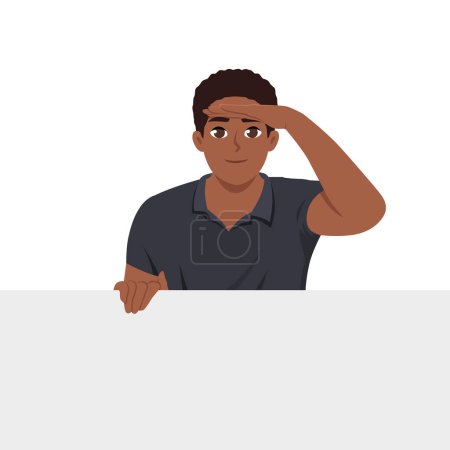 Curious man looking far away with hand over head, trying to see something holding blank banner. Flat vector illustration isolated on white background