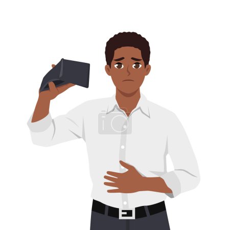 Young broke african man holding an empty wallet and hungry stomach. Flat vector illustration isolated on white background