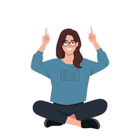Illustration for Woman sitting lotus pose on the floor and pointing index fingers up. Flat vector illustration isolated on white background - Royalty Free Image