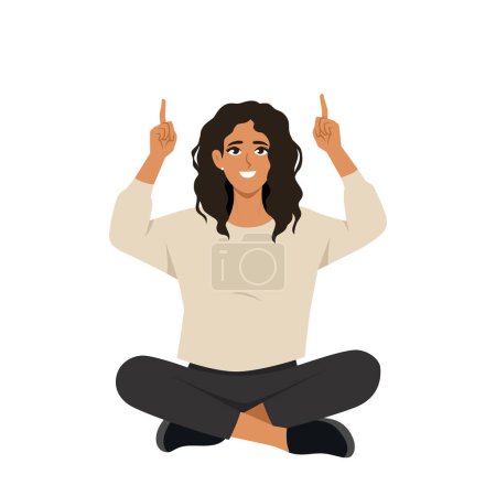 Illustration for Young woman sitting lotus pose on the floor and pointing index fingers up. Flat vector illustration isolated on white background - Royalty Free Image