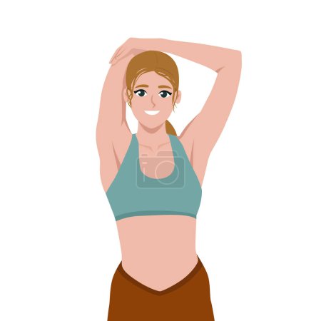 Young woman stretching her arms and preparing for workout. Flat Vector Illustration Isolated on White Background