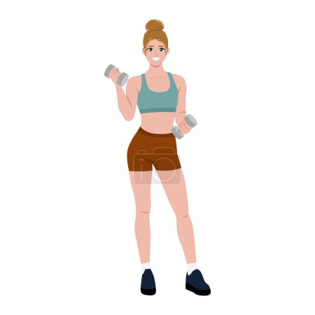 Young full body woman exercises with dumbbells. Weight training standing pose. Flat Vector Illustration Isolated on White Background