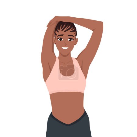 Joven mujer negra estirando los brazos y preparándose para el entrenamiento. Ilustración de vectores planos aislada sobre fondo blanco