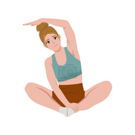 Woman sitting cross legged on the floor and doing stretching. Flat Vector Illustration Isolated on White Background