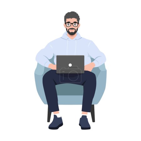 Joven hombre que trabaja en línea, sentado en sillón y utilizando el ordenador portátil. Ilustración vectorial plana aislada sobre fondo blanco