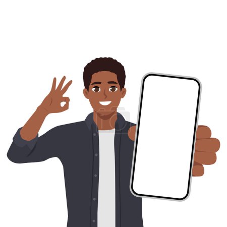 Young man showing mobile phone and gesturing okay, OK sign with hand finger. Flat vector illustration isolated on white background