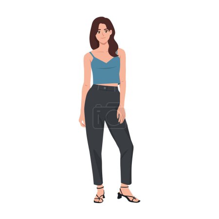Young beautiful woman wearing crop top outfit and trousers. Flat Vector Illustration isolated on White Background