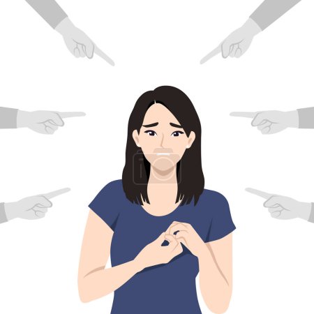 Mujer asiática triste o deprimida rodeada de manos con dedos índice apuntándola. Ilustración vectorial plana aislada sobre fondo blanco