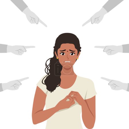 Mujer joven triste o deprimida rodeada de manos con dedos índice apuntándola. Ilustración vectorial plana aislada sobre fondo blanco