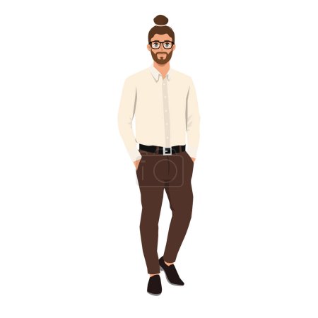 Young Man wearing formal shirt standing Pose with both his hands inside pocket. Flat vector illustration isolated on white background