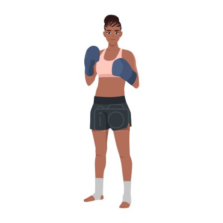 Mujer joven patea boxeador de pie y posando. Ilustración vectorial plana aislada sobre fondo blanco