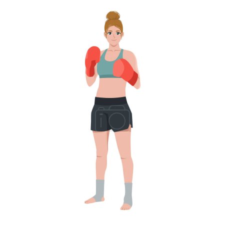 Joven mujer caucásica patear boxeador de pie y posando. Ilustración vectorial plana aislada sobre fondo blanco