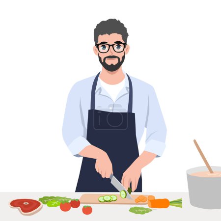 Young man cutting vegetables with a knife on cutting board, cooking diet food. Flat vector illustration isolated on white background