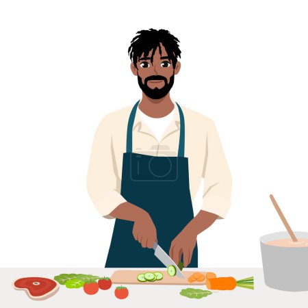 Young black man cutting vegetables with a knife on cutting board, cooking diet food. Flat vector illustration isolated on white background