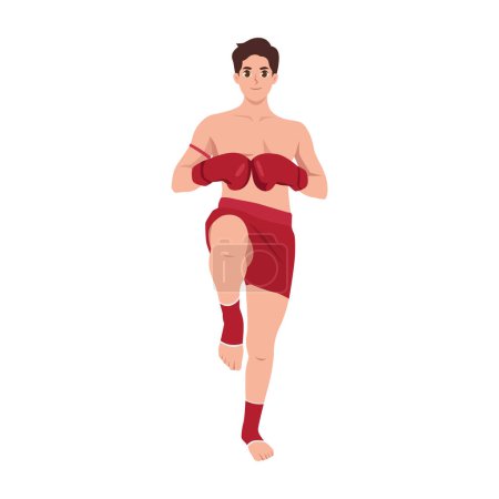 Muay thai, joven que ejerce el boxeo tailandés con pose. Ilustración vectorial plana aislada sobre fondo blanco