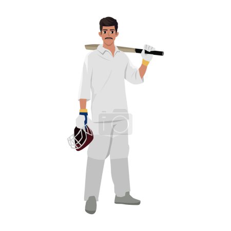 Téléchargez les photos : Jeune batteur de cricket debout avec pose. Illustration vectorielle plate isolée sur fond blanc - en image libre de droit