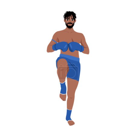 Muay thai, Young black man exercising thai boxing with pose. Flat vector illustration isolated on white background