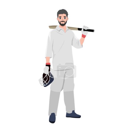 Young Cricket bearded batsman standing with pose. Flat vector illustration isolated on white background