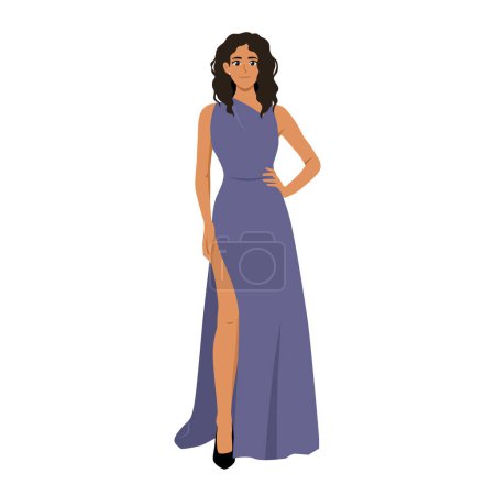 Young gorgeous tanned lady in blue beautiful evening dress. Flat vector illustration isolated on white background