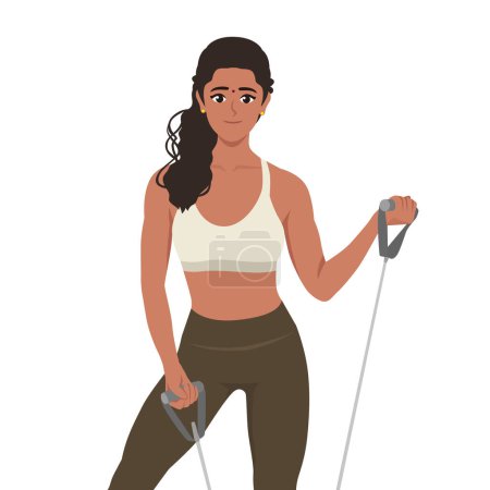 Young indian woman working out with resistance band. Flat vector illustration isolated on white background
