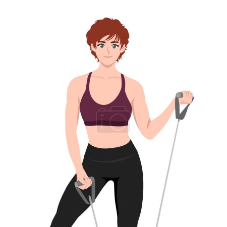 Mujer joven haciendo ejercicio con banda de resistencia. Ilustración vectorial plana aislada sobre fondo blanco