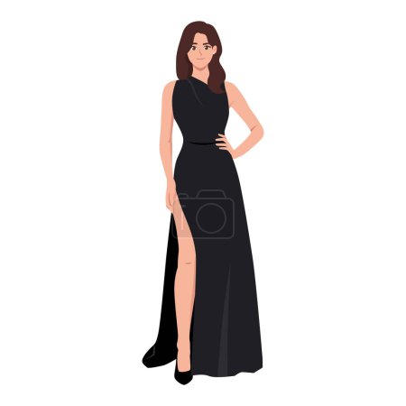 Young gorgeous lady in black beautiful evening dress. Flat vector illustration isolated on white background