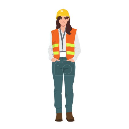 Téléchargez les photos : Jeune femme ingénieur caucasienne en casque et gilet de sécurité. Illustration vectorielle plate isolée sur fond blanc - en image libre de droit