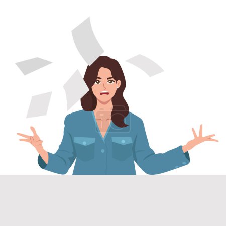 Jeune femme employée de bureau criant, criant et vomissant des papiers. Illustration vectorielle plate isolée sur fond blanc