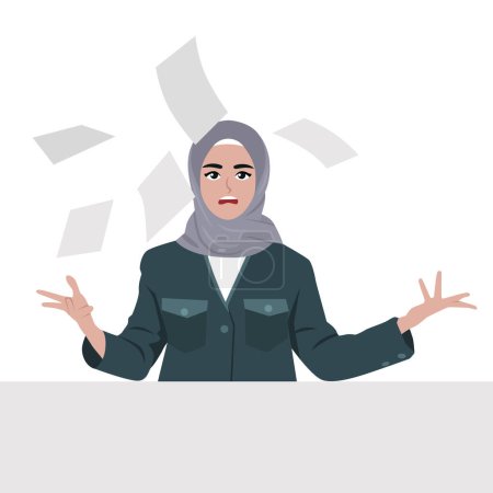 Young muslim woman office worker screaming, shouting and throwing up papers. Flat vector illustration isolated on white background