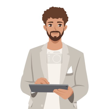 Happy confident young bearded business man holding or using a tablet computer. Flat vector illustration isolated on white background