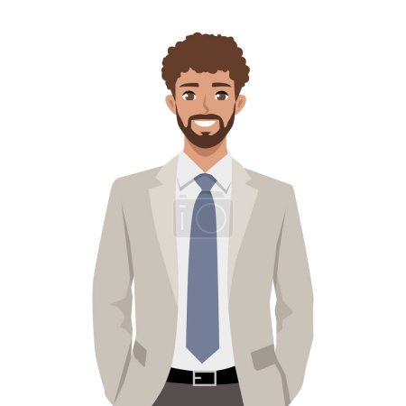 Young business man standing in suit with hands in his pockets. Flat vector illustration isolated on white background