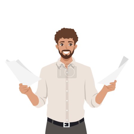 Happy afro businessman holding document paper and celebrating his success. Flat vector illustration isolated on white background