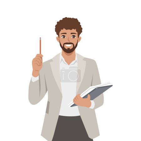 Young businessman holding clipboard with paper account documents. Pointing pen up for idea. Flat vector illustration isolated on white background