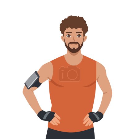 Young sports afro man posing with arms at hip wearing workout tracker and gloves. Flat vector illustration isolated on white background