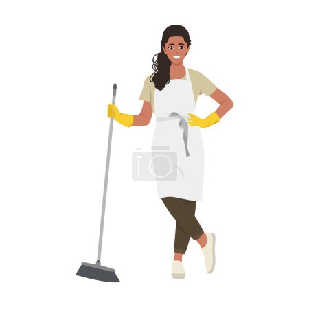 Young indian woman sweep the floor using broom. Flat vector illustration isolated on white background