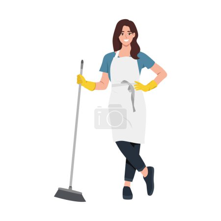 Young woman sweep the floor using broom. Flat vector illustration isolated on white background