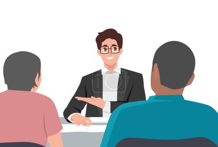Young man professional gives advice on inheritance to elderly couples. Flat vector illustration isolated on white background