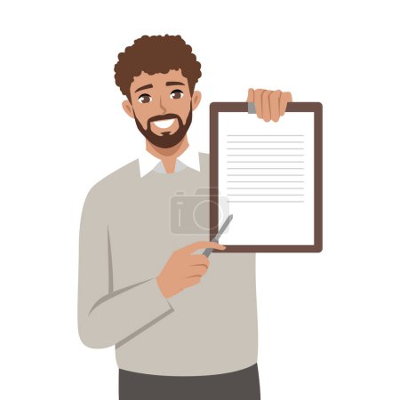 Happy Successful light skin businessman Smiling and Showing Presentation. Flat vector illustration isolated on white background