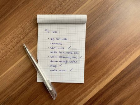 Escrito a mano para hacer una lista con puntos de autocuidado para la salud mental y física en un bloc de notas a cuadros en letras cursivas