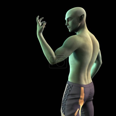 Foto de Side view of an alien male space traveller isolated against a black background. The character is looking at his raised left hand. - Imagen libre de derechos